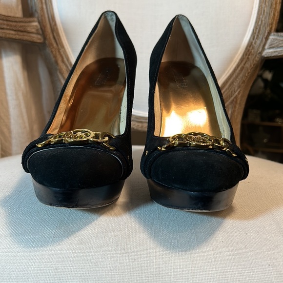 Michael Kors HAMILTON Pump Black Suede Heels Stiletto Platform MK logo Size 10 - Picture 5 of 14